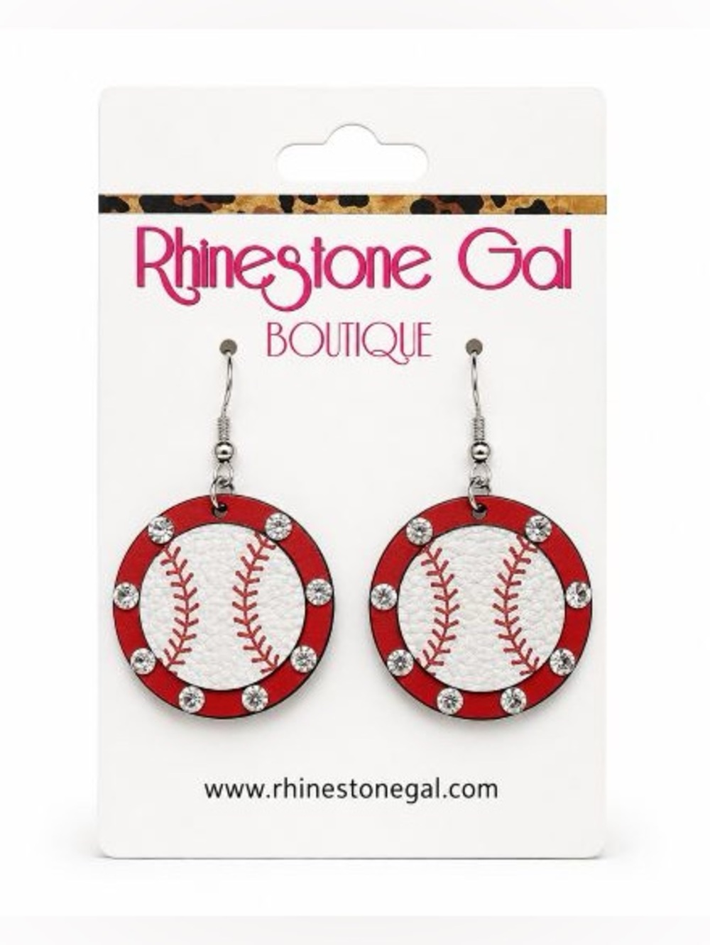 BRAND NEW WITH TAGS Red Outlined Baseball Wood Earrings with Rhinestones